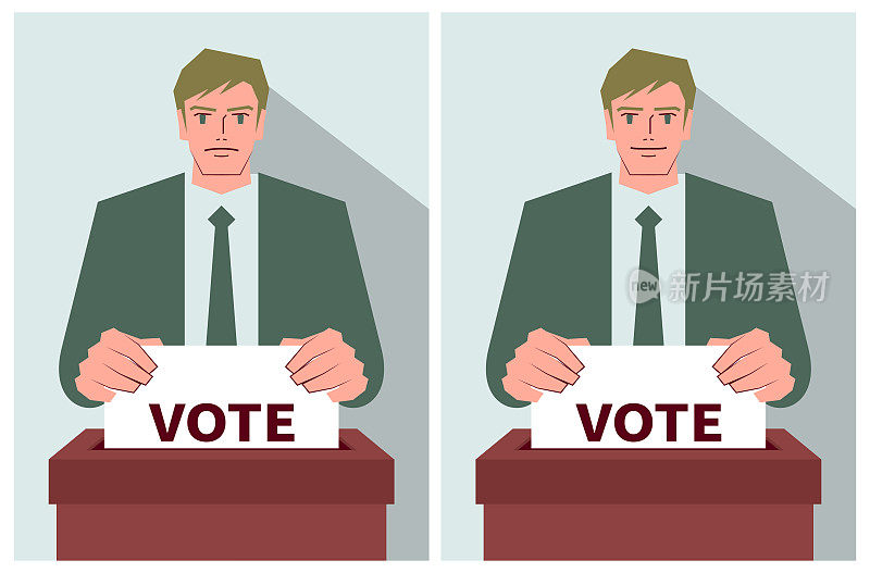 在选举期间，穿着西装的年轻人带着两种不同的情绪在投票点投下了一票