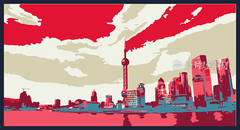 矢量红色艺术版画效果上海城市外滩插图背景