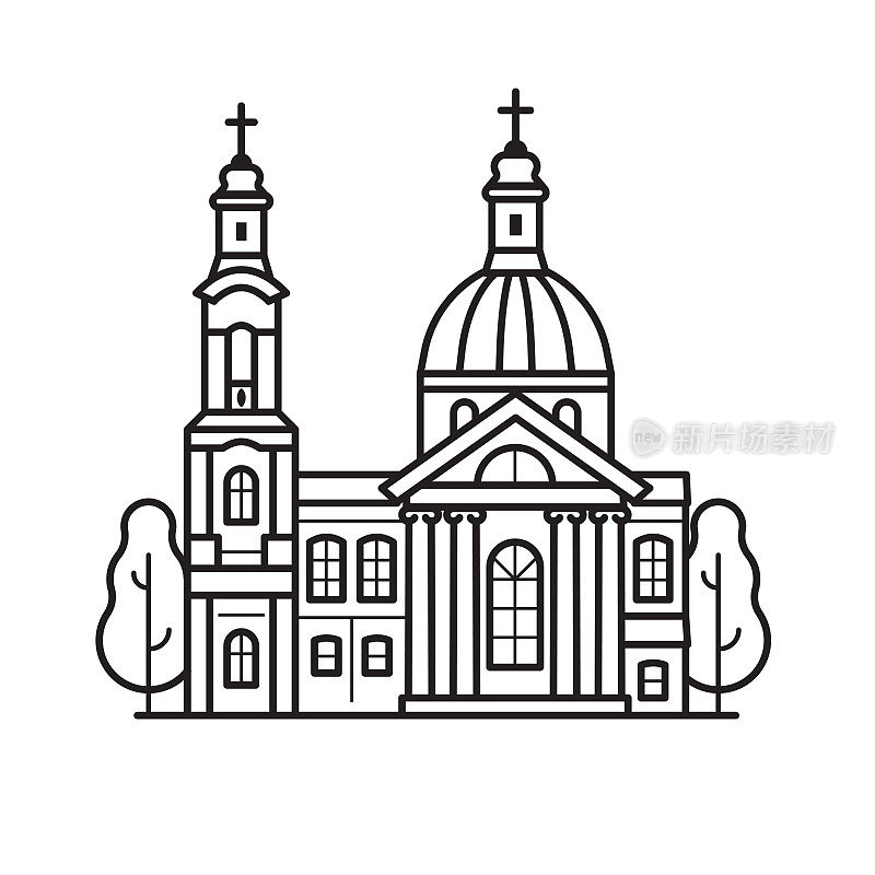 直线艺术中的基督教教堂或大教堂图标