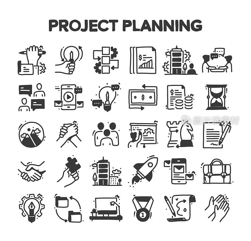 项目规划相关的手绘矢量涂鸦图标集