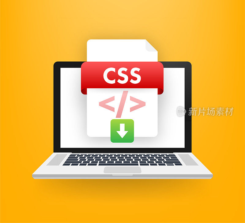 下载CSS按钮在笔记本电脑屏幕上。下载文档的概念。文件与CSS标签和向下箭头符号。矢量插图。