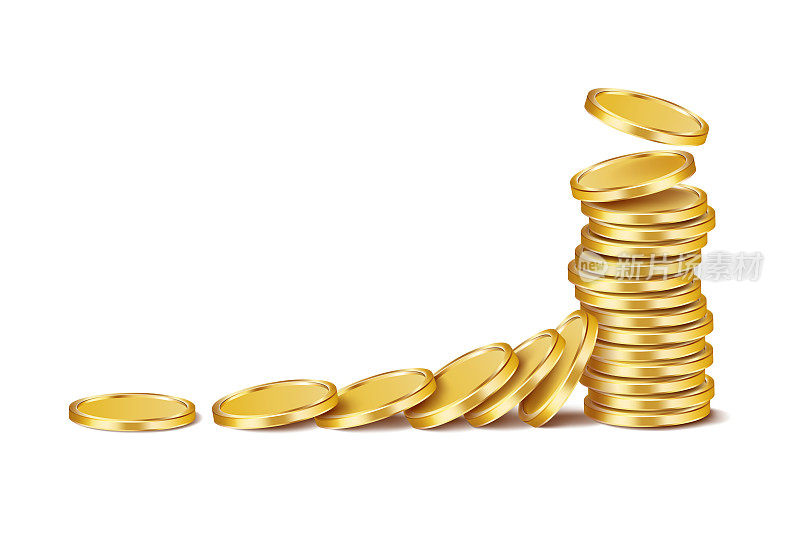 圆形光滑的金币落在同样金币的圆柱上。增加你的收入。向量的三维演示