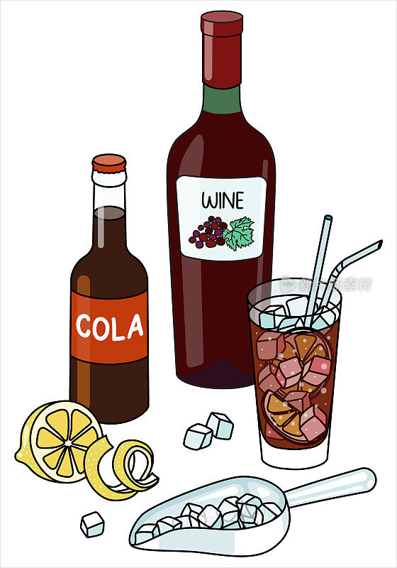 时尚的手绘涂鸦卡通风格的西班牙夏天Kalimotxo又名Calimocho鸡尾酒组合。一瓶红酒，可乐和柠檬。对于酒吧菜单，烹饪书食谱，贴纸或卡片。