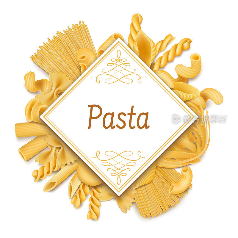 意大利面海报，意大利美食干通心粉背景。生的小麦食物，意大利菜菜配料矢量插图。有机面条海报