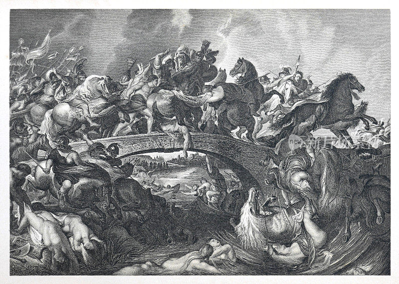 《亚马孙之战》(画家彼得·保罗·鲁本斯)——古老的雕刻插图