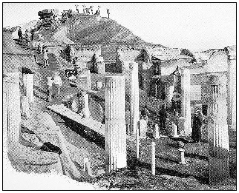那不勒斯和坎帕尼亚的古董旅行照片:庞贝古城，考古发掘