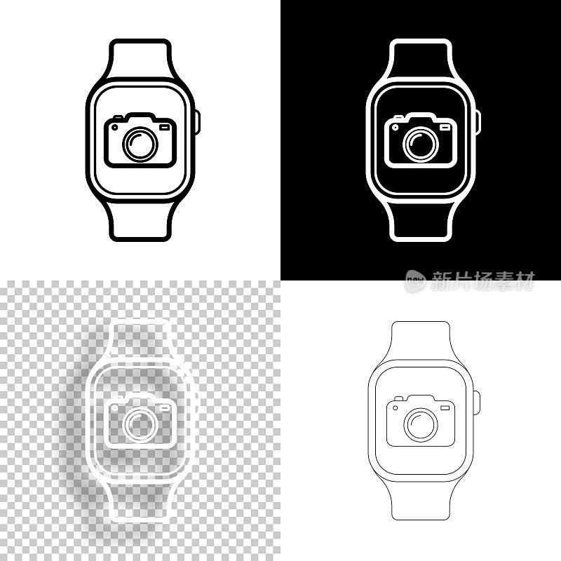 Smartwatch相机。图标设计。空白，白色和黑色背景-线图标