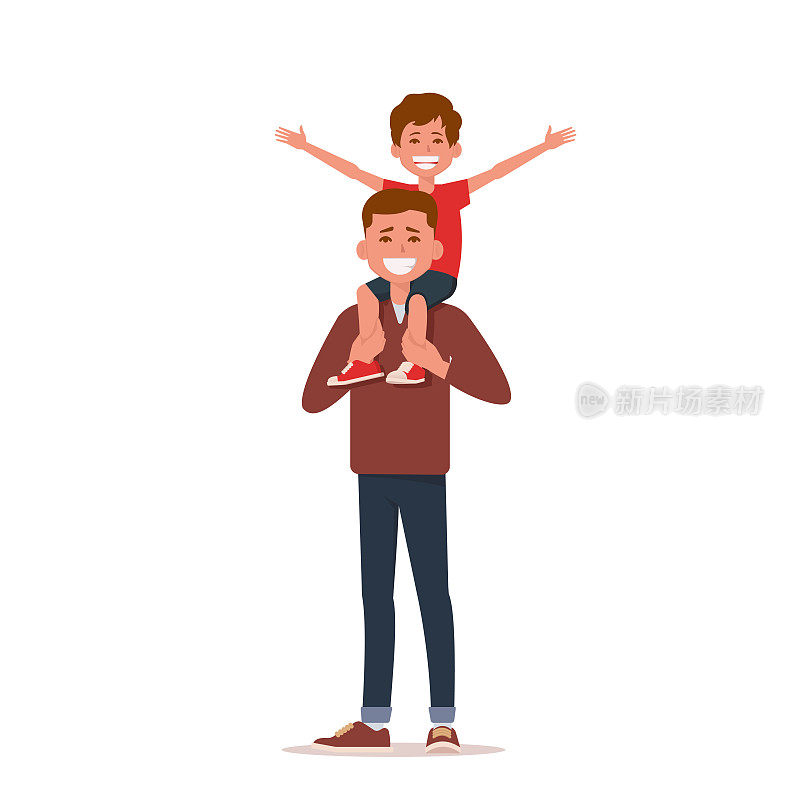 快乐的小男孩伸出双手，他的父亲把他扛在肩上