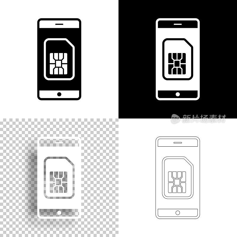 带SIM卡的智能手机。图标设计。空白，白色和黑色背景-线图标