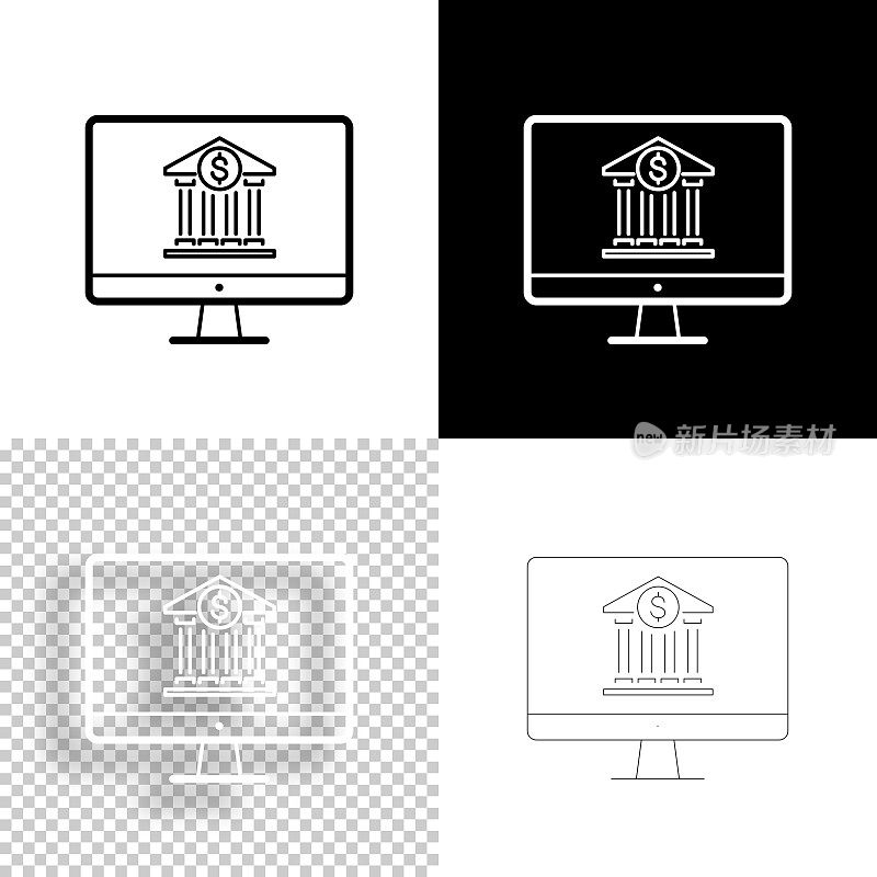 带银行的台式电脑。图标设计。空白，白色和黑色背景-线图标
