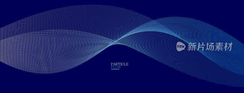 蓝色的点在运动暗矢量抽象背景，粒子阵列波流，曲线线的点在运动，技术和科学插图。