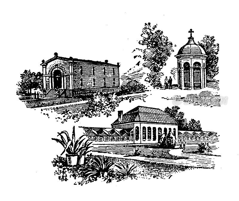 古董插图美国，密苏里州的地标和公司:圣路易斯，肖的花园