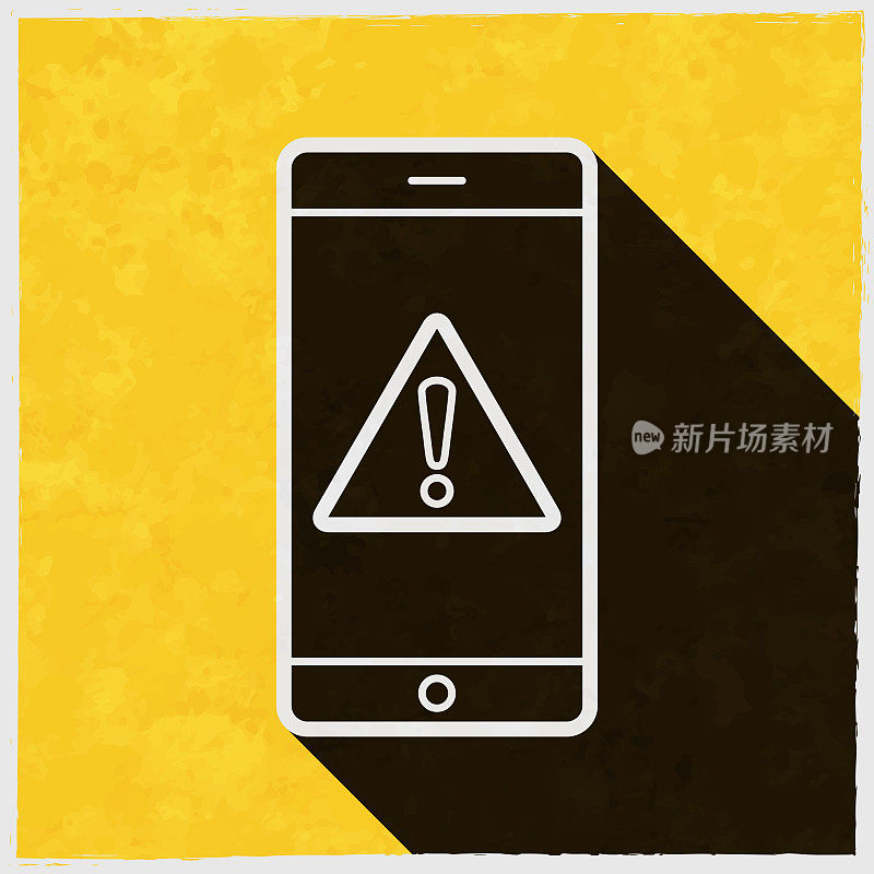 带有危险警告注意的智能手机。图标与长阴影的纹理黄色背景