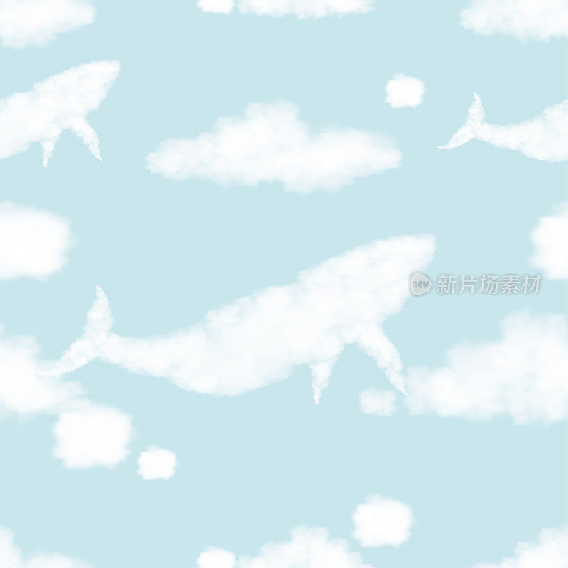 无缝鲸鱼形状的蓬松云在蓝色透明背景上飞向天空，矢量3D可爱的卡通图案自然天空飞行的孩子
