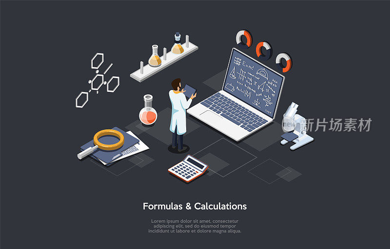 科学研究的概念。穿着制服的科学家研究DNA，做实验或用公式和计算输出一种新的药物。等距卡通三维矢量插图