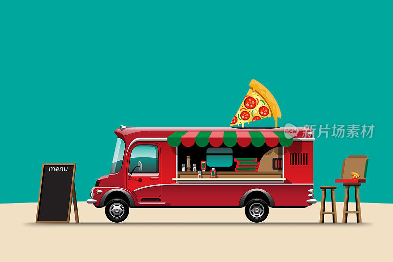 快餐车的侧视图与披萨矢量插图