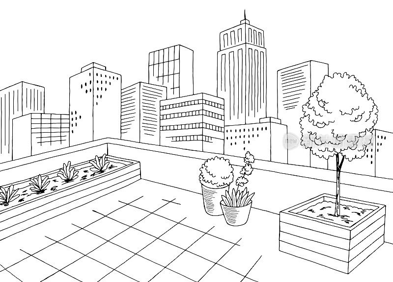 屋顶花园城市图形黑白室内草图插图矢量
