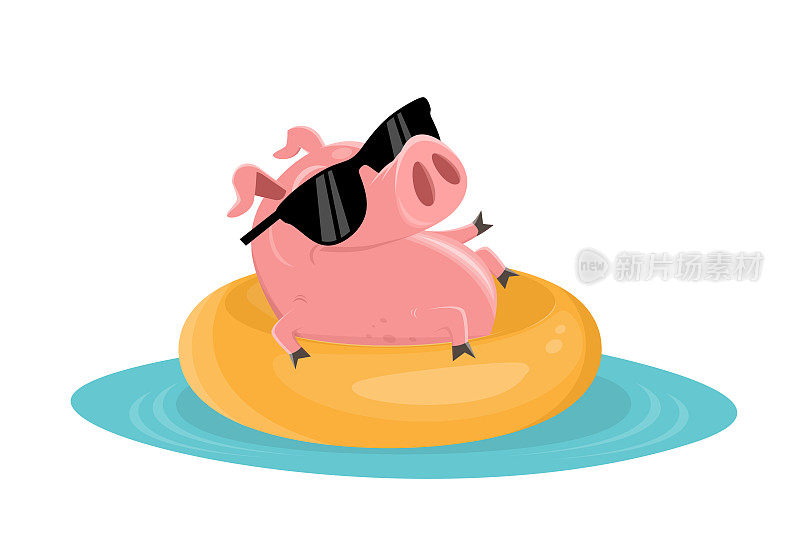 漂浮轮胎上的猪的滑稽卡通插图