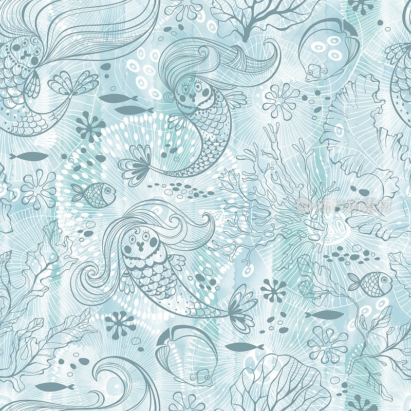 海底世界。卡通无缝图案与美人鱼。矢量插图在蓝色水彩背景。完美的设计模板，墙纸，包裹，织物和纺织品。