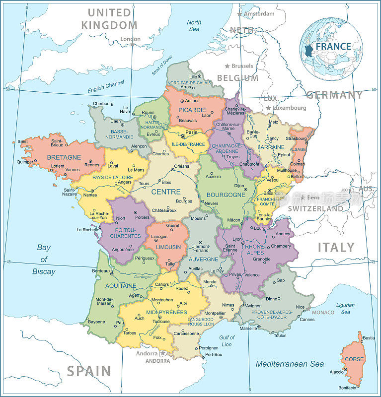 法国地图-高度详细的矢量插图