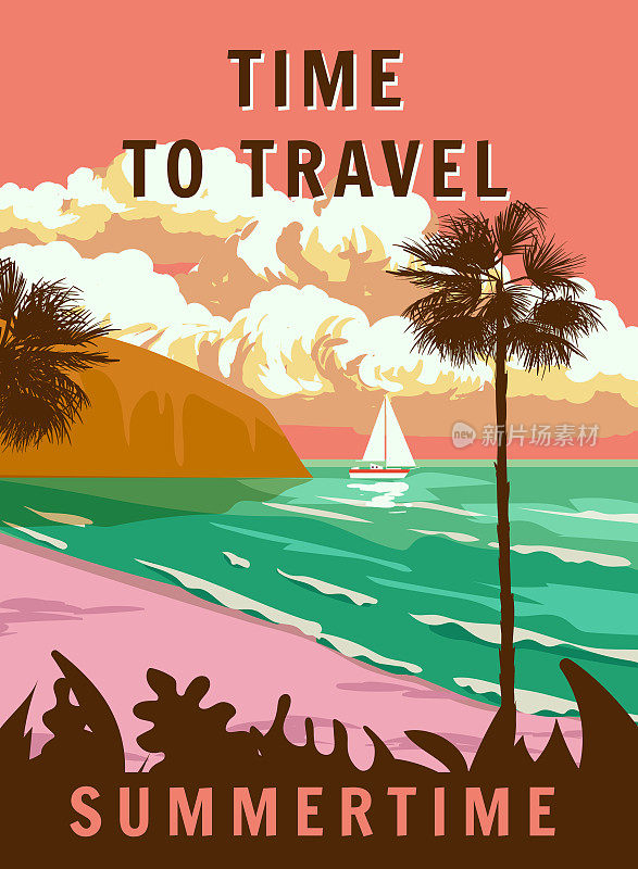 复古海报是时候旅行了。热带海岸海滩，帆船，棕榈，冲浪，海洋。暑假假期