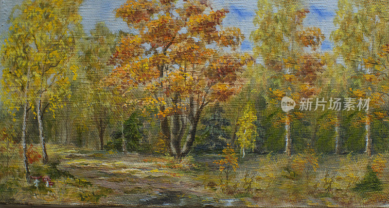 秋天的景观与森林。画布上的油画。印象主义。