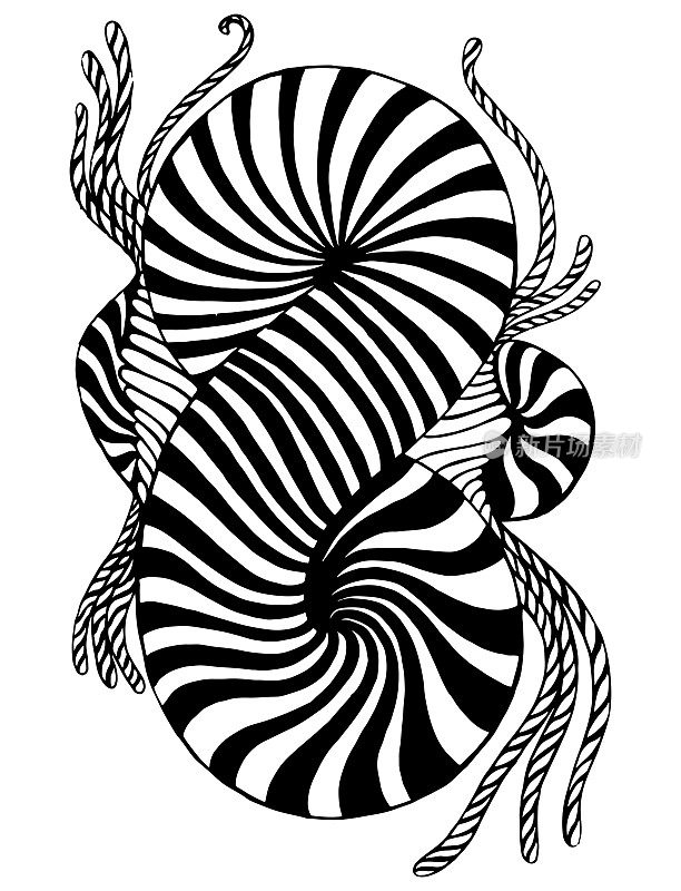 黑白抽象螺旋图案以无限的形式，孤立在白色背景上。装饰着色页与令人眼花缭乱的元素。