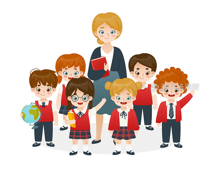 穿着校服的学生和老师站在一起。卡通小学生群体多样化。穿着校服的可爱同学。