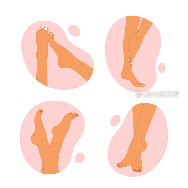 一组做足部护理的女性脚。女性腿部足疗收藏。指甲护理，美容治疗美学。矢量插图在卡通风格。白色背景隔离