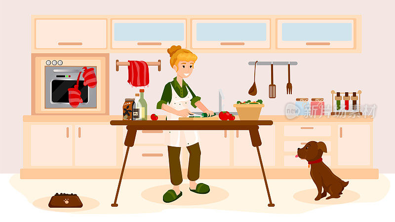 快乐的家庭主妇在自家厨房准备食物。生活方式的概念，比如家庭生活，家务。准备食物的概念。