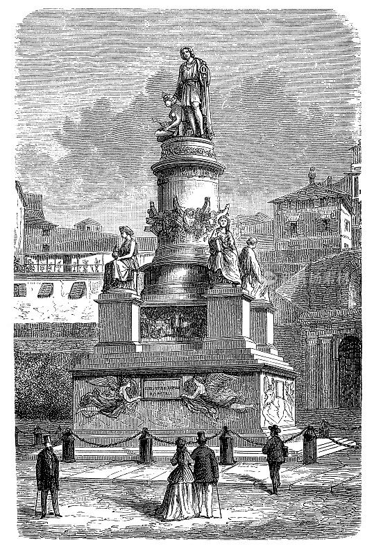 克里斯托弗·哥伦布纪念碑建于1862年的热那亚，意大利。底座的四个角上有象征着航海、宗教、谨慎和力量的雕像。19世纪的古董雕刻