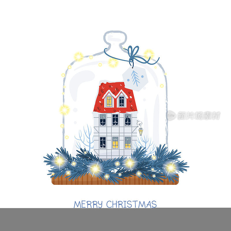 圣诞贺卡，玻璃钟罩，老房子和花环