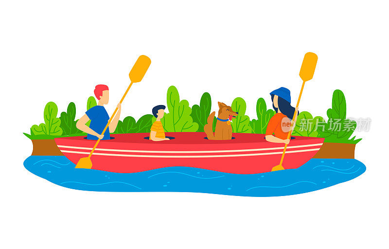 船在河的自然，卡通家庭带着孩子在夏天的湖水旅行，矢量插画。人们，爸爸，妈妈，孩子和狗在公园里玩得很开心