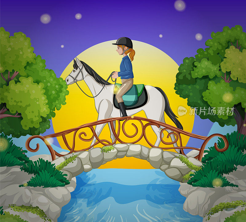 一个女孩在夜晚骑马的场景