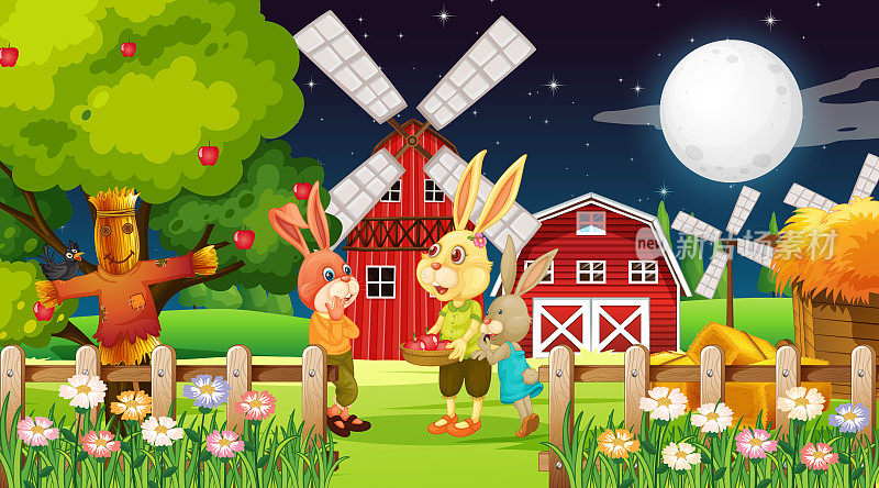 农场夜景与兔子一家
