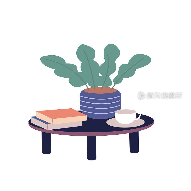 咖啡桌上放一盆植物，一杯咖啡和一本书