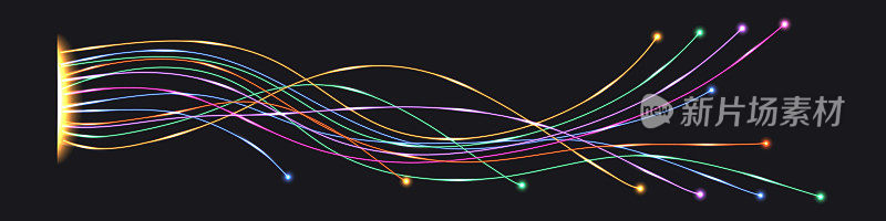 光纤旋流电缆线路，霓虹灯发光效果。雷电、电爆、脉冲波扭线。科技设计元素，深色背景上的明亮。矢量图