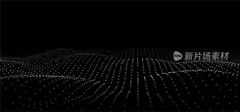 未来数字波。黑暗的网络空间。用点和线抽象波。背景上的白色移动粒子。