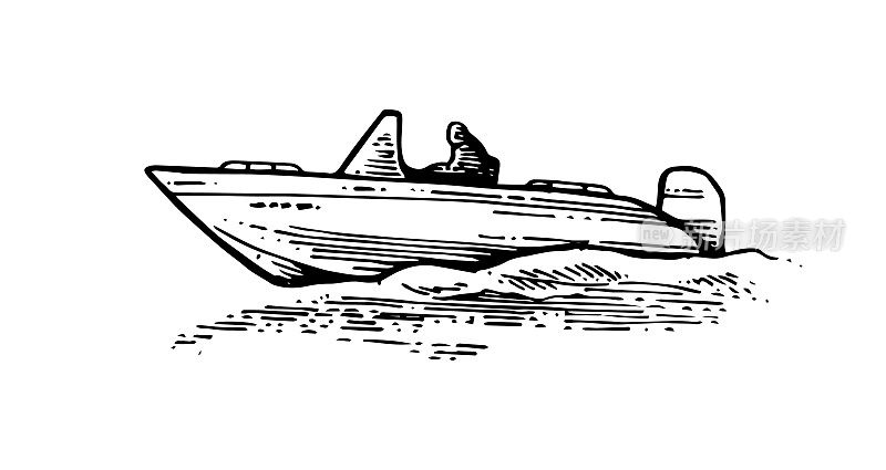 船在波浪上行驶。小船在海上、湖泊或河流上航行。侧视图。带马达的塑料复合船。手绘轮廓草图。孤立的白色背景。向量。