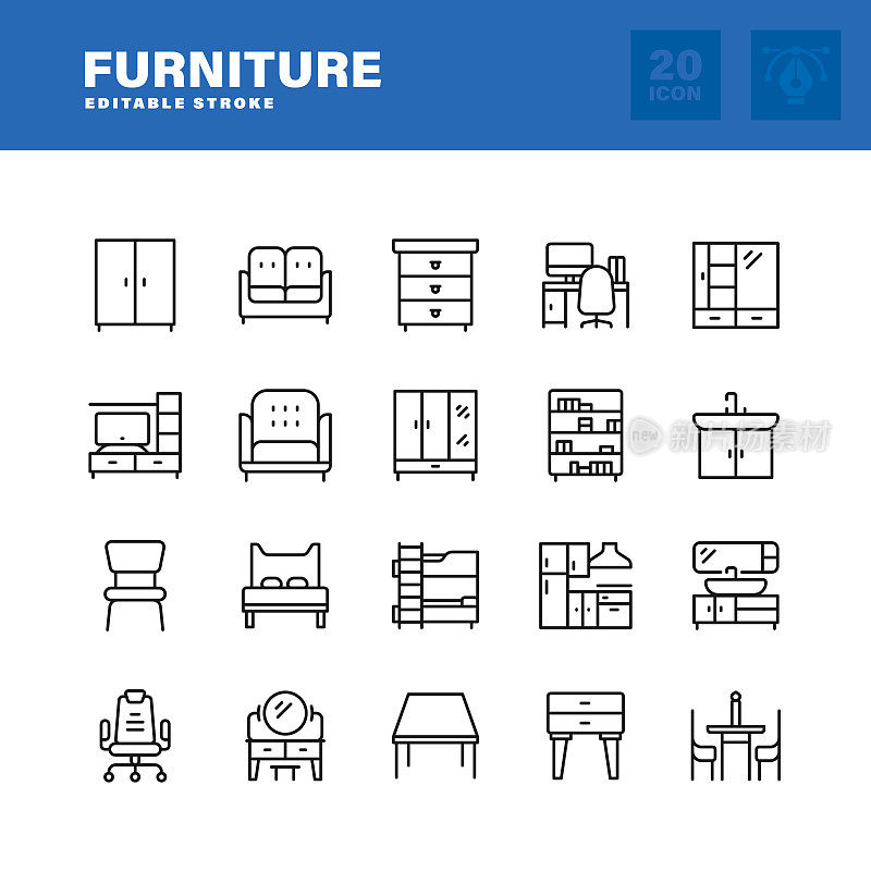 家具系列图标套装。可编辑的中风。像素完美。