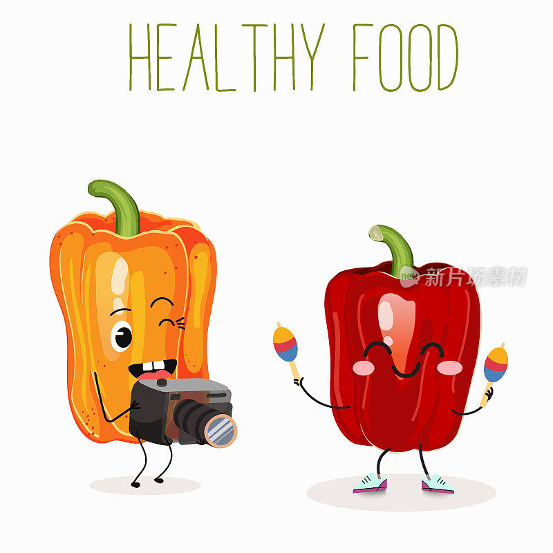 矢量插图的卡通人物夫妇灯笼椒玩沙球，拍摄相机镜头。健康食品，儿童t恤设计。