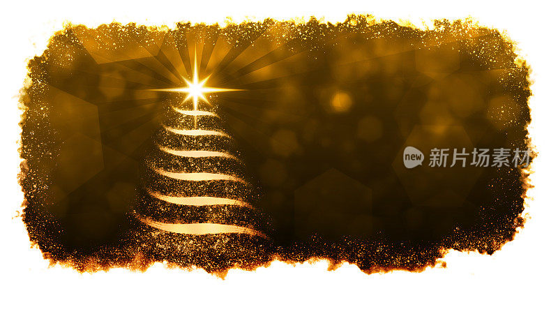 闪闪发光的金属金青铜和深褐色的水平节日圣诞背景与抽象设计闪亮的金属条纹华丽的棕色圣诞树与一颗闪烁的星星在其顶部和神奇的不规则边缘作为边界
