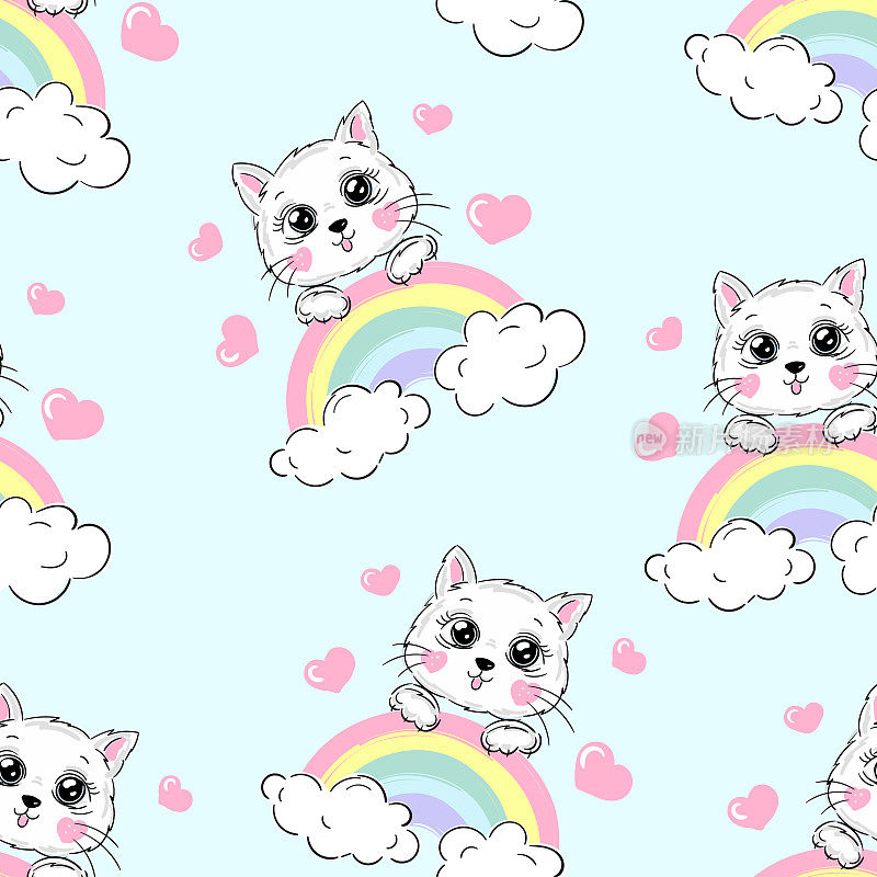 猫咪无缝图案背景，快乐可爱的猫咪在天空中飞翔的云和彩虹之间，卡通小猫矢量插画的孩子