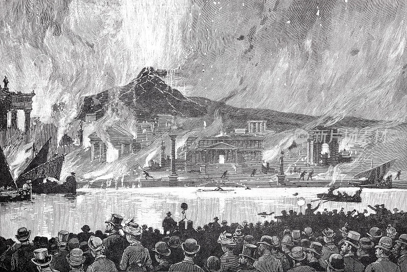 纽约市，曼哈顿海滩上的烟火，描绘了1885年庞贝古城最后日子的场景