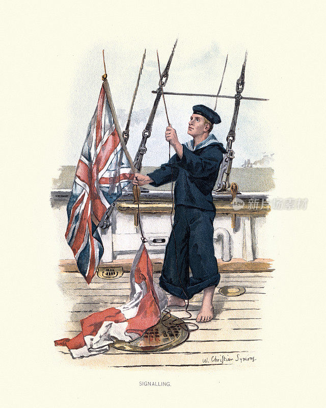 19世纪维多利亚时代，英国皇家海军军舰上的水手打着英国国旗