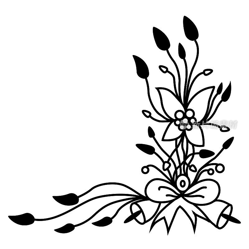 框架或边框的角落设计，花朵，花蕾，铃铛和丝带