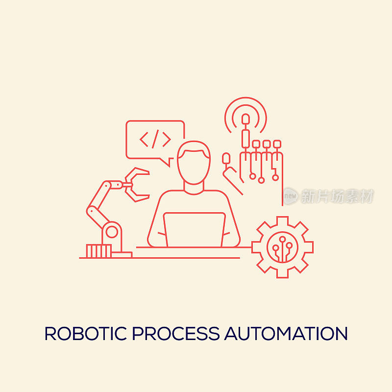 机器人过程自动化相关设计与线图标。简单的轮廓符号图标。
