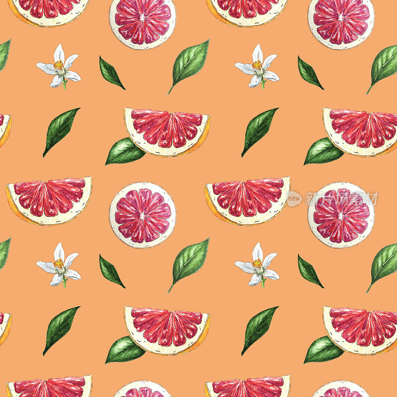 水彩无缝图案葡萄柚和红橙片，叶子，花在植物风格水彩画，用于度假，婚礼和包装设计