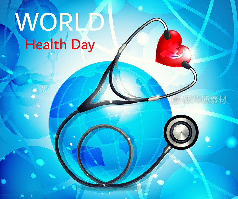 卡通风格的医学和保健概念。世界卫生日。带有心脏和球体的听诊器在抽象的颜色背景上。