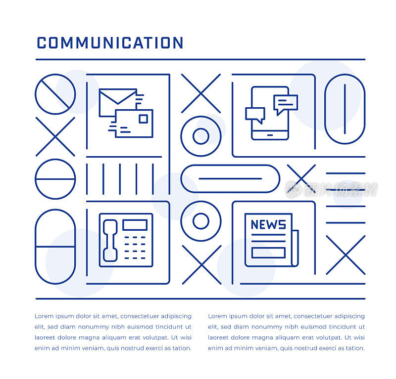 通信网页横幅设计与电子邮件，消息，电话，报纸行图标